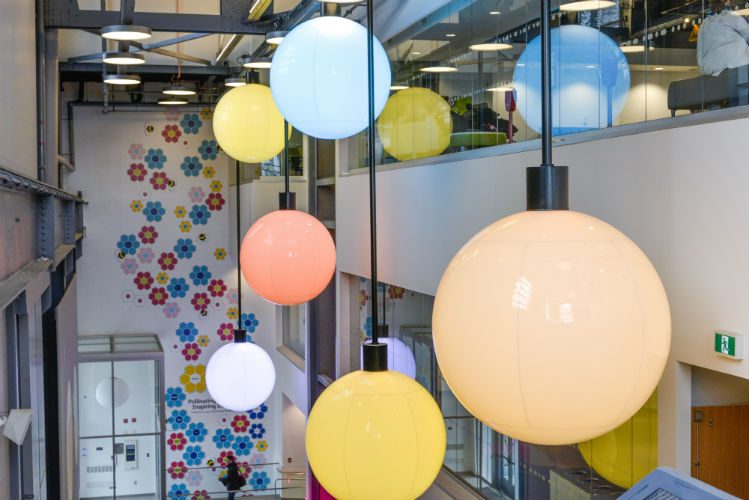 Colour-changing suspended spheres in the Discovery Centre atrium, part of Backman Vidcom's interactive museum AV installation in Halifax, Nova Scotia.